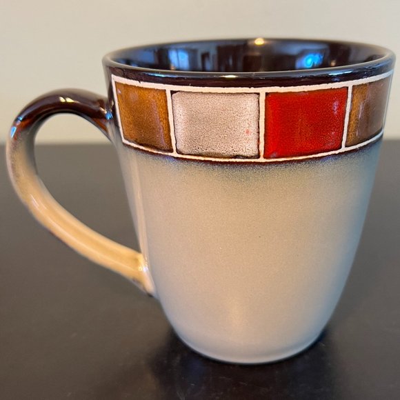 Pair of GIBSON Elite Casa Roja Stoneware Mugs w/ Small Square Glazed Tile Border - Picture 3 of 10